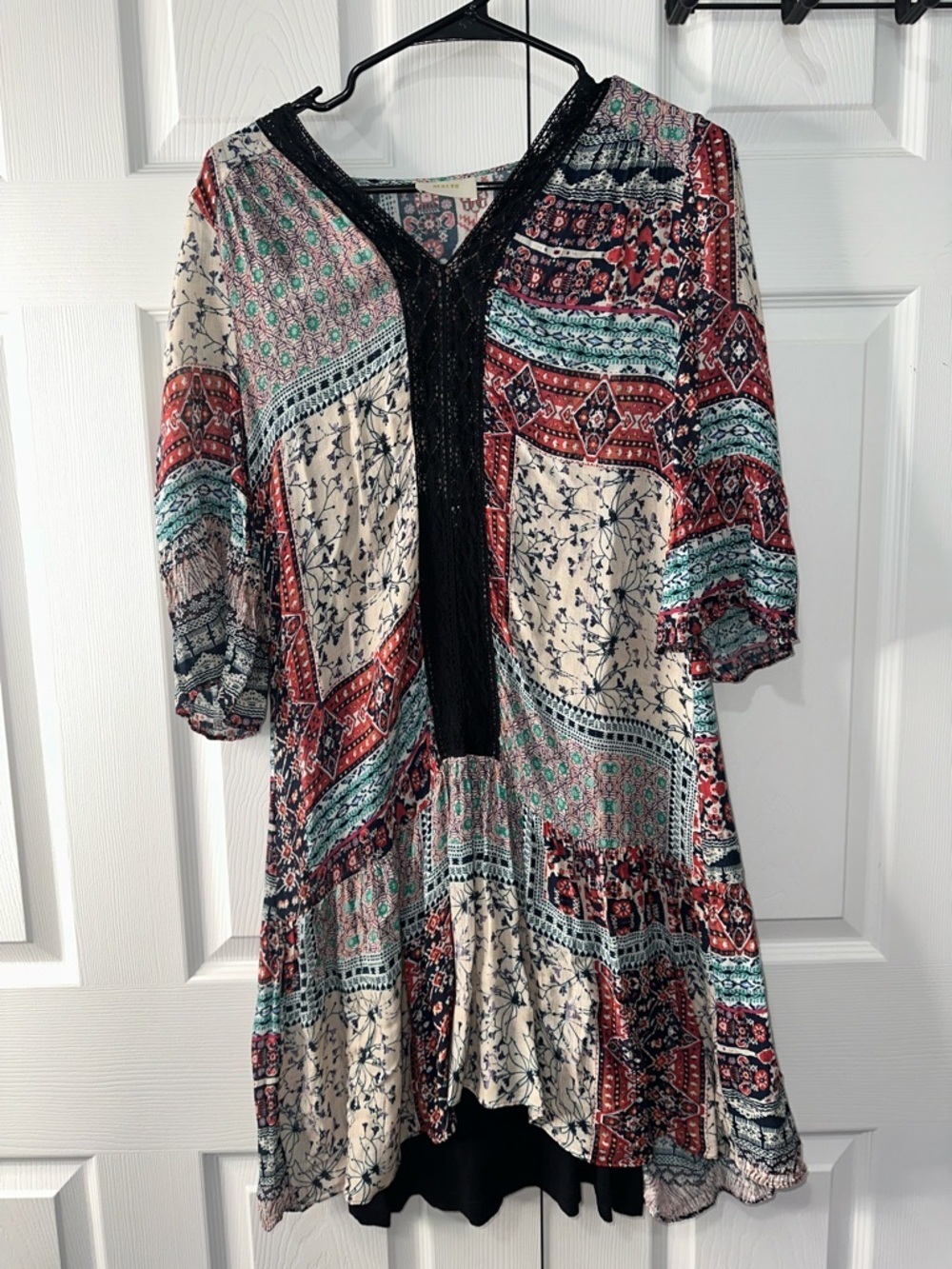 Maeve Patchwork Midi Dress in Cream, Red & Teal